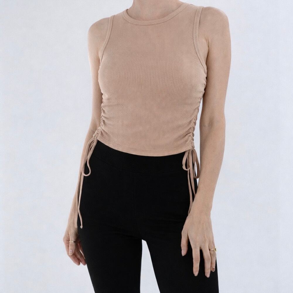 Women’s Ribbed Ruched Side Tie Tank Top Nude Beige Sleeveless Fitted Size XS